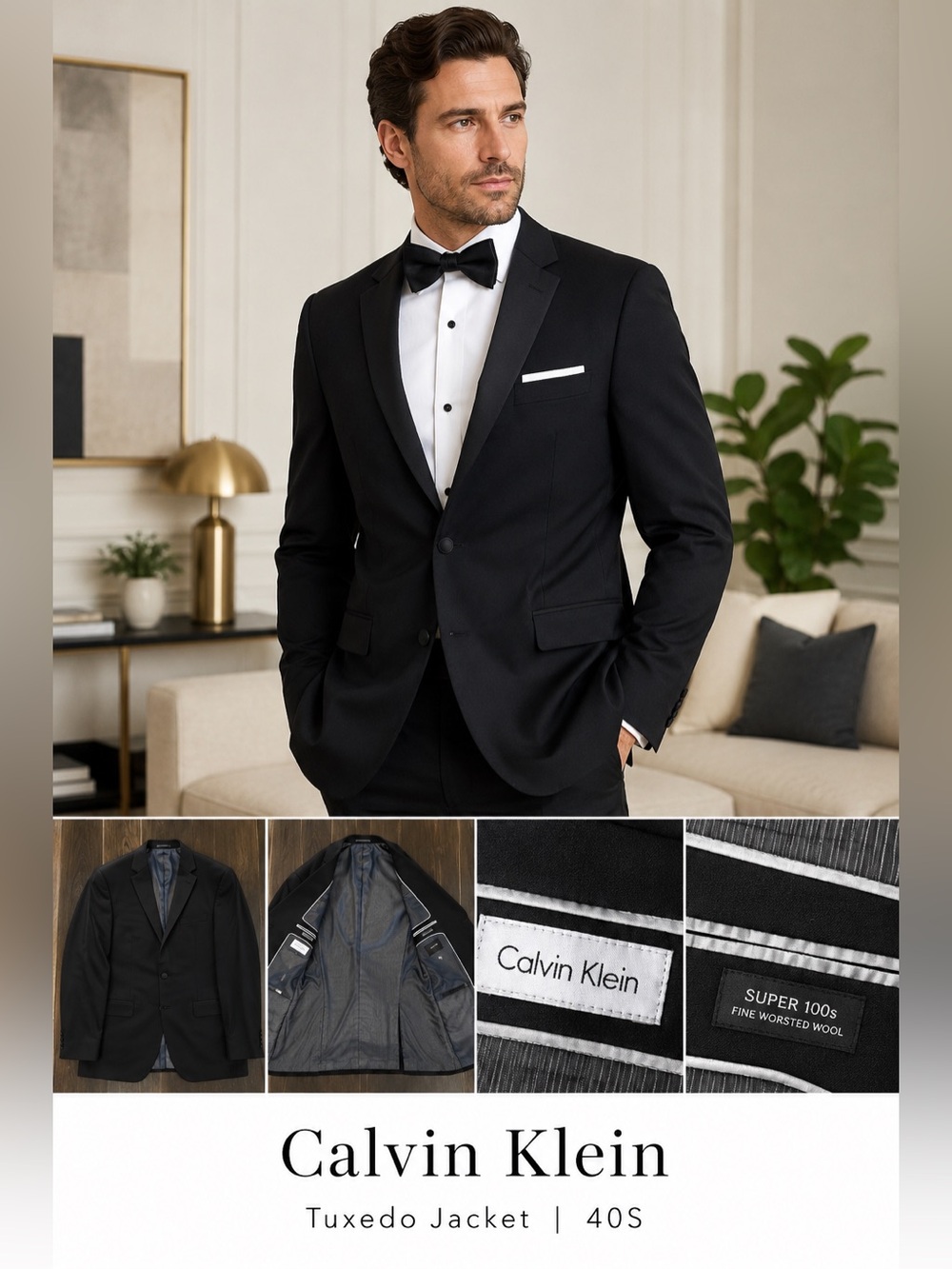 Calvin Klein 40S Black Tuxedo Jacket Super 100s Wool Satin Lapel Formal